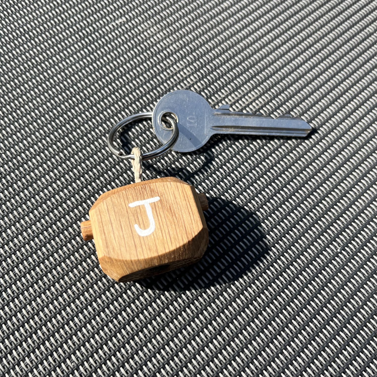back of ned head keyring with initial