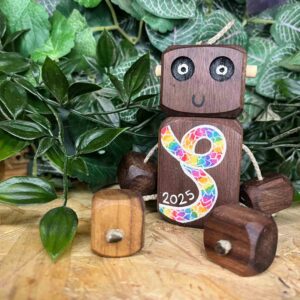 Walnut 2025 Ned with rainbow snake on the body - Wooden robot