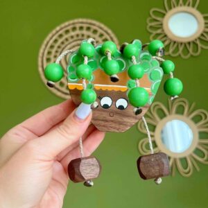Wooden String of pearls house plant being held in hand. Has face on the plant pot with legs