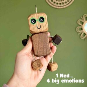 Rudi & Bear Emotions Ned – handmade wooden toy showing happy face