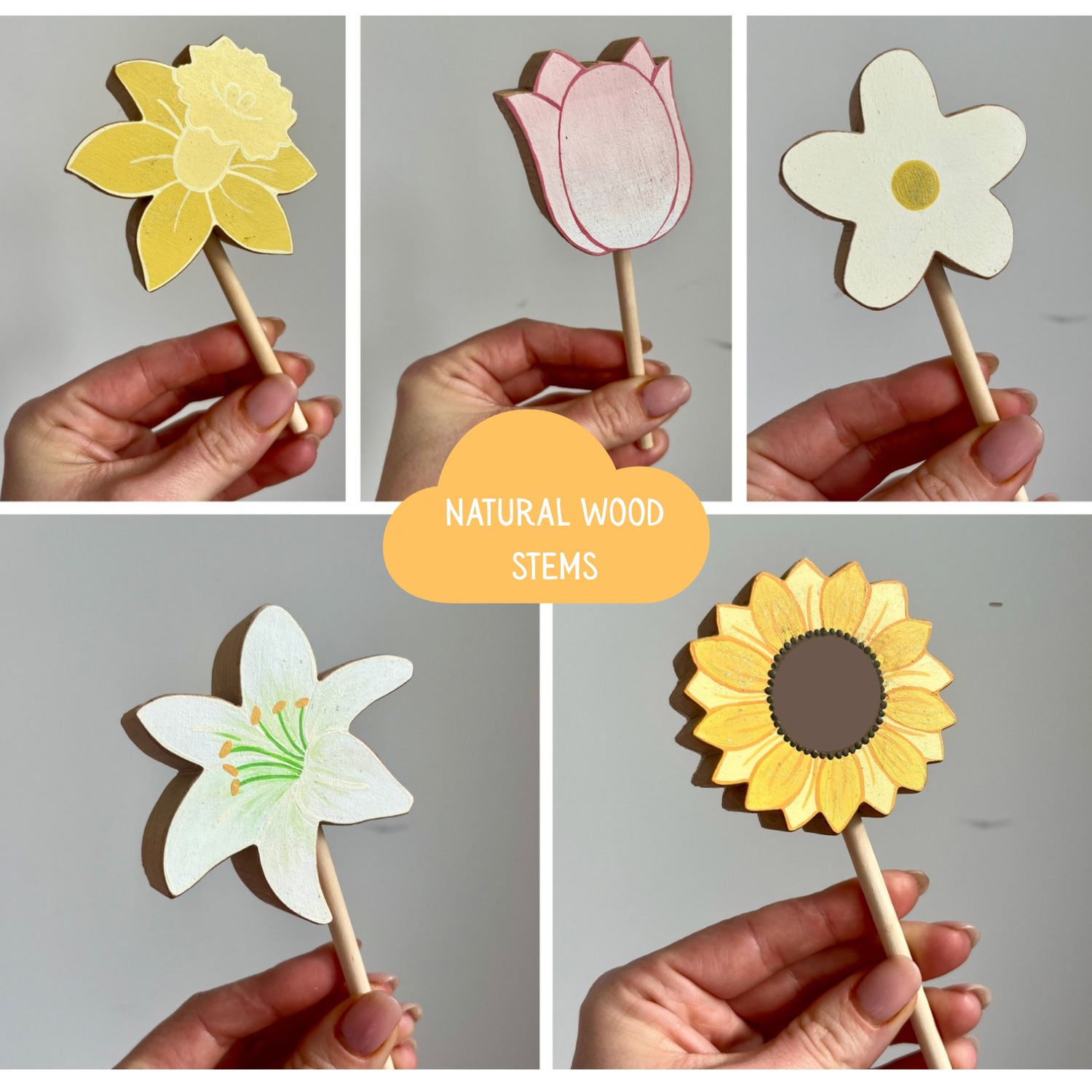 five flowers showing natural wood stem
