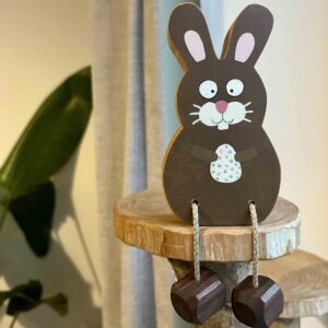 Hand painted wooden Easter bunny decoration with dangling legs by Rudi and Bear