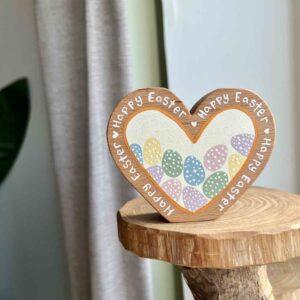 Hand painted wooden Happy Easter heart decoration with pastel Easter eggs by Rudi and Bear